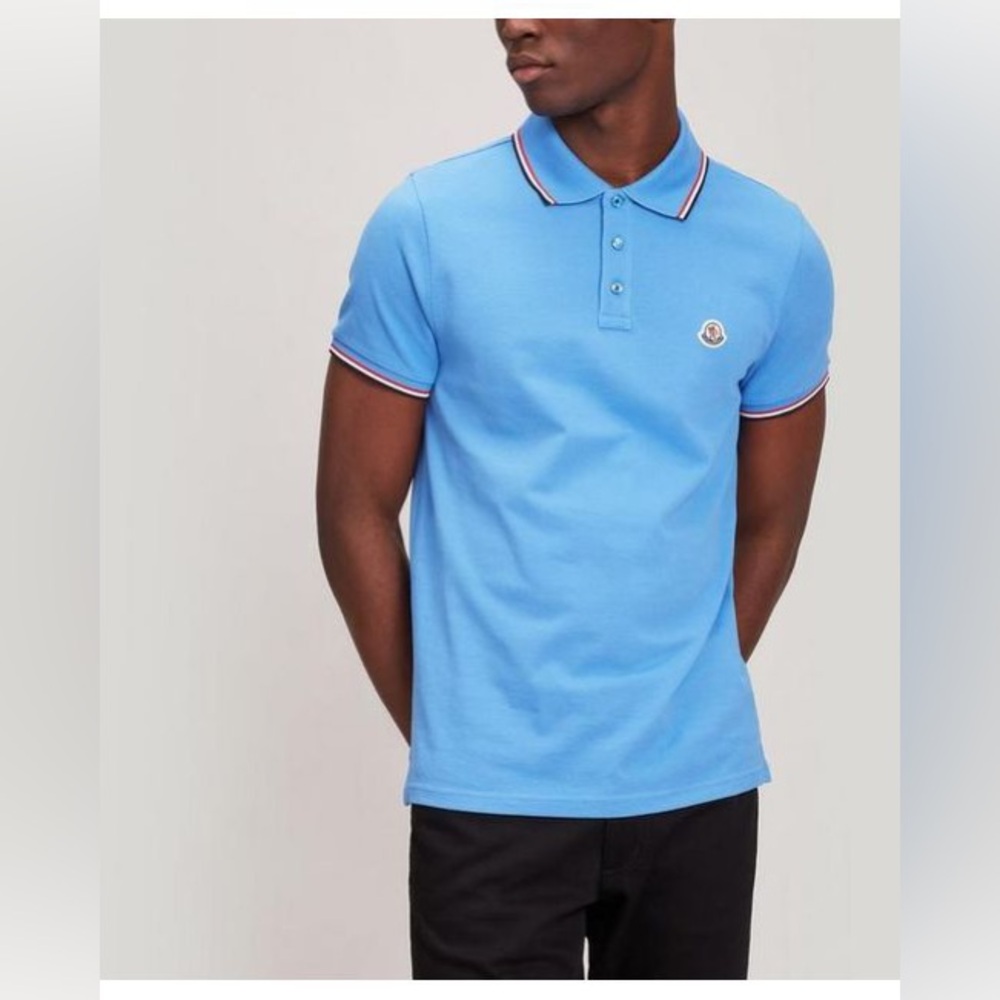 Moncler 3-button polo with striped sky blue trim